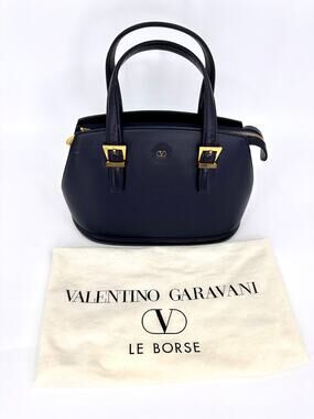 Vintage Valentino Garavani Navy Leather Handbag Gold V Logo Hardware Italy